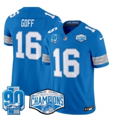 Men Detroit Lions 16 Jared Goff Blue 2024 NFC North Champions 90th Anniversary Patch F U S E Vapor Limited Stitched Jersey Men Detroit Lions 16 Jared Goff Blue 2024 NFC North Champions 90th Anniversary Patch F U S E Vapor Limited Stitched Jersey