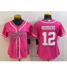 Women Green Bay Packers 12 Aaron Rodgers Pink With Patch Cool Base Stitched Baseball Jersey Women Green Bay Packers 12 Aaron Rodgers Pink With Patch Cool Base Stitched Baseball Jersey