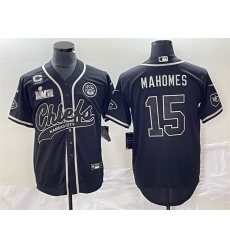 Men Kansas City Chiefs 15 Patrick Mahomes Black With 4 Star C Patch And Super Bowl LVII Patch Cool Bae Stitched Baseball Jersey Men Kansas City Chiefs 15 Patrick Mahomes Black With 4 Star C Patch And Super Bowl LVII Patch Cool Bae Stitched Baseball Jersey