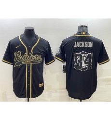 Men Las Vegas Raiders 34 Bo Jackson Black Gold Team Big Logo With Patch Cool Base Stitched Baseball Jersey Men Las Vegas Raiders 34 Bo Jackson Black Gold Team Big Logo With Patch Cool Base Stitched Baseball Jersey