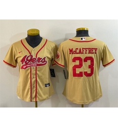 Women San Francisco 49ers 23 Christian McCaffrey Gold With Patch Cool Base Stitched Baseball Jersey Women San Francisco 49ers 23 Christian McCaffrey Gold With Patch Cool Base Stitched Baseball Jersey