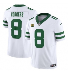 Men New York Jets 8 Aaron Rodgers White 2023 F U S E With 4 Star C Patch Vapor Limited Throwback Stitched Football Jersey Men New York Jets 8 Aaron Rodgers White 2023 F U S E With 4 Star C Patch Vapor Limited Throwback Stitched Football Jersey