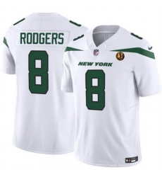 Men New York Jets 8 Aaron Rodgers White 2023 F U S E With John Madden Patch Vapor Limited Stitched Football Jersey Men New York Jets 8 Aaron Rodgers White 2023 F U S E With John Madden Patch Vapor Limited Stitched Football Jersey