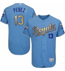 Men Majestic Kansas City Royals 13 Salvador Perez Authentic Light Blue 2015 World Series Champions Gold Program Cool Base MLB Jersey Men Majestic Kansas City Royals 13 Salvador Perez Authentic Light Blue 2015 World Series Champions Gold Program Cool Base MLB Jersey