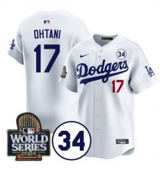 Men Los Angeles Dodgers 17 Shohei Ohtani White 2024 World Series With No 34 Patch Limited Stitched Baseball Jersey Men Los Angeles Dodgers 17 Shohei Ohtani White 2024 World Series With No 34 Patch Limited Stitched Baseball Jersey
