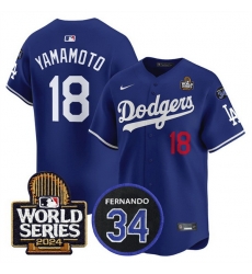 Men Los Angeles Dodgers 18 Yoshinobu Yamamoto Royal 2024 World Series With Fernando Memorial Patch Limited Stitched Baseball Jersey Men Los Angeles Dodgers 18 Yoshinobu Yamamoto Royal 2024 World Series With Fernando Memorial Patch Limited Stitched Baseball Jersey