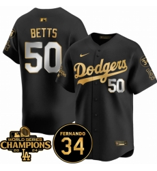 Men Los Angeles Dodgers 50 Mookie Betts Black Gold 2024 World Series Champions 26 Fernando Memorial Patch Vapor Premier Limited Stitched Baseball Jersey Men Los Angeles Dodgers 50 Mookie Betts Black Gold 2024 World Series Champions 26 Fernando Memorial Patch Vapor Premier Limited Stitched Baseball Jersey