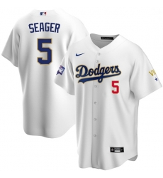 Men Los Angeles Dodgers Corey Seager 5 Championship Gold Trim White Limited All Stitched Flex Base Jersey Men Los Angeles Dodgers Corey Seager 5 Championship Gold Trim White Limited All Stitched Flex Base Jersey
