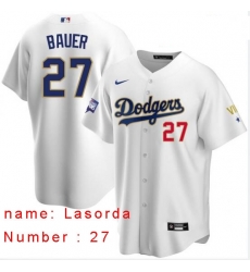 Men Los Angeles Dodgers Tommy Lasorda 27 Championship Gold Trim White Limited All Stitched Flex Base Jersey Men Los Angeles Dodgers Tommy Lasorda 27 Championship Gold Trim White Limited All Stitched Flex Base Jersey