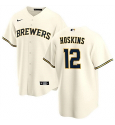 Men Milwaukee Brewers 12 Rhys Hoskins Cream Cool Base Stitched Baseball Jersey Men Milwaukee Brewers 12 Rhys Hoskins Cream Cool Base Stitched Baseball Jersey