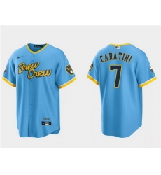 Men Milwaukee Brewers 7 Victor Caratini Powder Blue 2022 City Connect Cool Base Stitched Jersey Men Milwaukee Brewers 7 Victor Caratini Powder Blue 2022 City Connect Cool Base Stitched Jersey