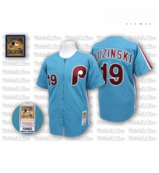Mens Mitchell and Ness Philadelphia Phillies 19 Greg Luzinski Replica Blue Throwback MLB Jersey Mens Mitchell and Ness Philadelphia Phillies 19 Greg Luzinski Replica Blue Throwback MLB Jersey