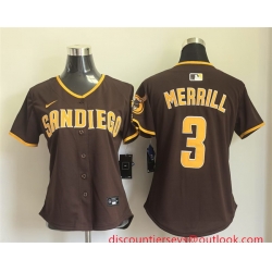 Women San Diego Padres 3 Jackson Merrill Brown Away Stitched Baseball Jersey