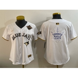 Women Toronto Blue Jays  26 Leafs White Gold 2025 American League Champions With White Leafs Logo Limited Stitched Baseball Jersey 