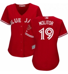 Womens Majestic Toronto Blue Jays 19 Paul Molitor Authentic Scarlet Alternate MLB Jersey Womens Majestic Toronto Blue Jays 19 Paul Molitor Authentic Scarlet Alternate MLB Jersey