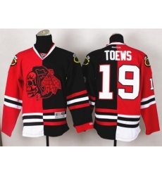 Chicago Blackhawks 19 Jonathan Toews Red Skull Logo Fashion Black Red Split NHL Jerseys Chicago Blackhawks 19 Jonathan Toews Red Skull Logo Fashion Black Red Split NHL Jerseys
