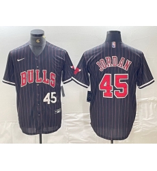 Men Chicago Bulls 45 Michael Jordan Number Black Pinstripe Cool Base Stitched Baseball Jersey Men Chicago Bulls 45 Michael Jordan Number Black Pinstripe Cool Base Stitched Baseball Jersey