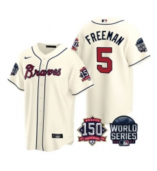 Men Atlanta Braves 5 Freddie Freeman 2021 Cream World Series With 150th Anniversary Patch Cool Base Stitched Jersey Men Atlanta Braves 5 Freddie Freeman 2021 Cream World Series With 150th Anniversary Patch Cool Base Stitched Jersey