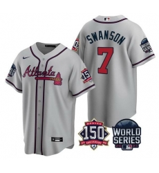 Men Atlanta Braves 7 Dansby Swanson 2021 Gray World Series With 150th Anniversary Patch Cool Base Stitched Jersey Men Atlanta Braves 7 Dansby Swanson 2021 Gray World Series With 150th Anniversary Patch Cool Base Stitched Jersey