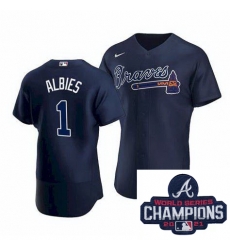 Men Nike Atlanta Braves 1 Ozzie Albies Navy Blue Home Stitched Baseball Stitched MLB 2021 Champions Patch Jersey Men Nike Atlanta Braves 1 Ozzie Albies Navy Blue Home Stitched Baseball Stitched MLB 2021 Champions Patch Jersey