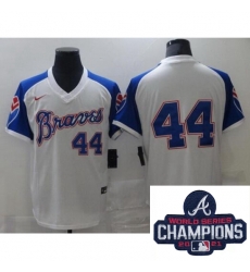 Men Nike Atlanta Braves 44 Hank Aaron Authentic White Cool Base MLB Stitched MLB 2021 Champions Patch Jersey Men Nike Atlanta Braves 44 Hank Aaron Authentic White Cool Base MLB Stitched MLB 2021 Champions Patch Jersey