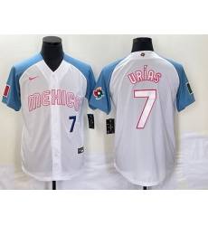 Men's Mexico Baseball #7 Julio Urias Number 2023 White Blue World Classic Stitched Jerseys Men's Mexico Baseball #7 Julio Urias Number 2023 White Blue World Classic Stitched Jerseys