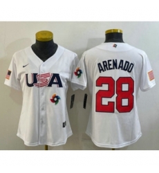Womens USA Baseball 28 Nolan Arenado 2023 White World Classic Replica Stitched Jersey Womens USA Baseball 28 Nolan Arenado 2023 White World Classic Replica Stitched Jersey