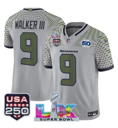 Men Seattle Seahawks 9 Kenneth Walker III Gray 2025 F U S E Super Bowl LX US 250th anniversary Patch And 50th Season Patch Rivalries Vapor Limited Footbal Men Seattle Seahawks 9 Kenneth Walker III Gray 2025 F U S E Super Bowl LX US 250th anniversary Patch And 50th Season Patch Rivalries Vapor Limited Footbal